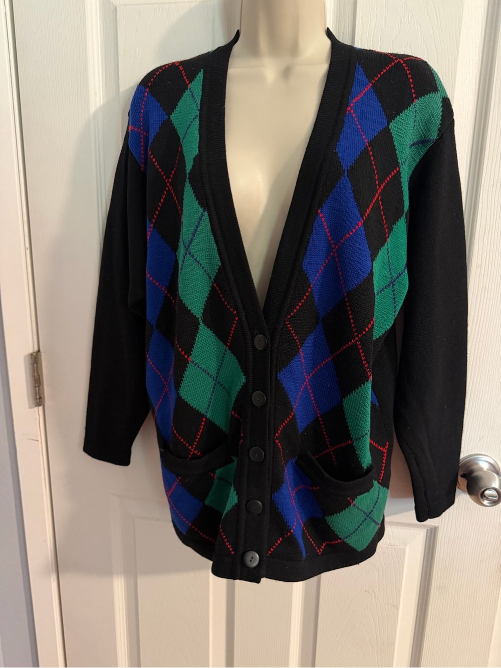 Vintage Nordstrom Petite Focus 100% Merino Wool Argyle Cardigan Sweater Small P
